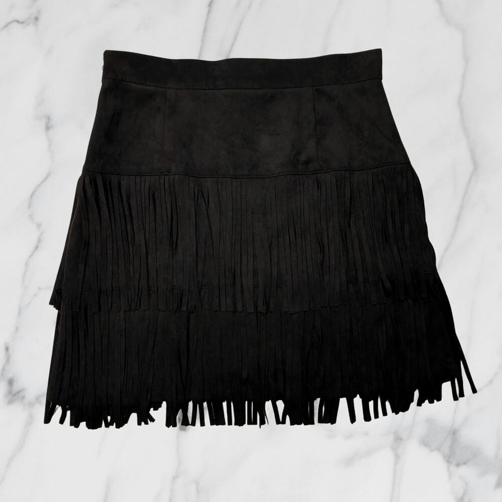 Altar'd State Black Faux Suede Tiered Fringe Western Mini Skirt Size Small - Picture 3 of 9